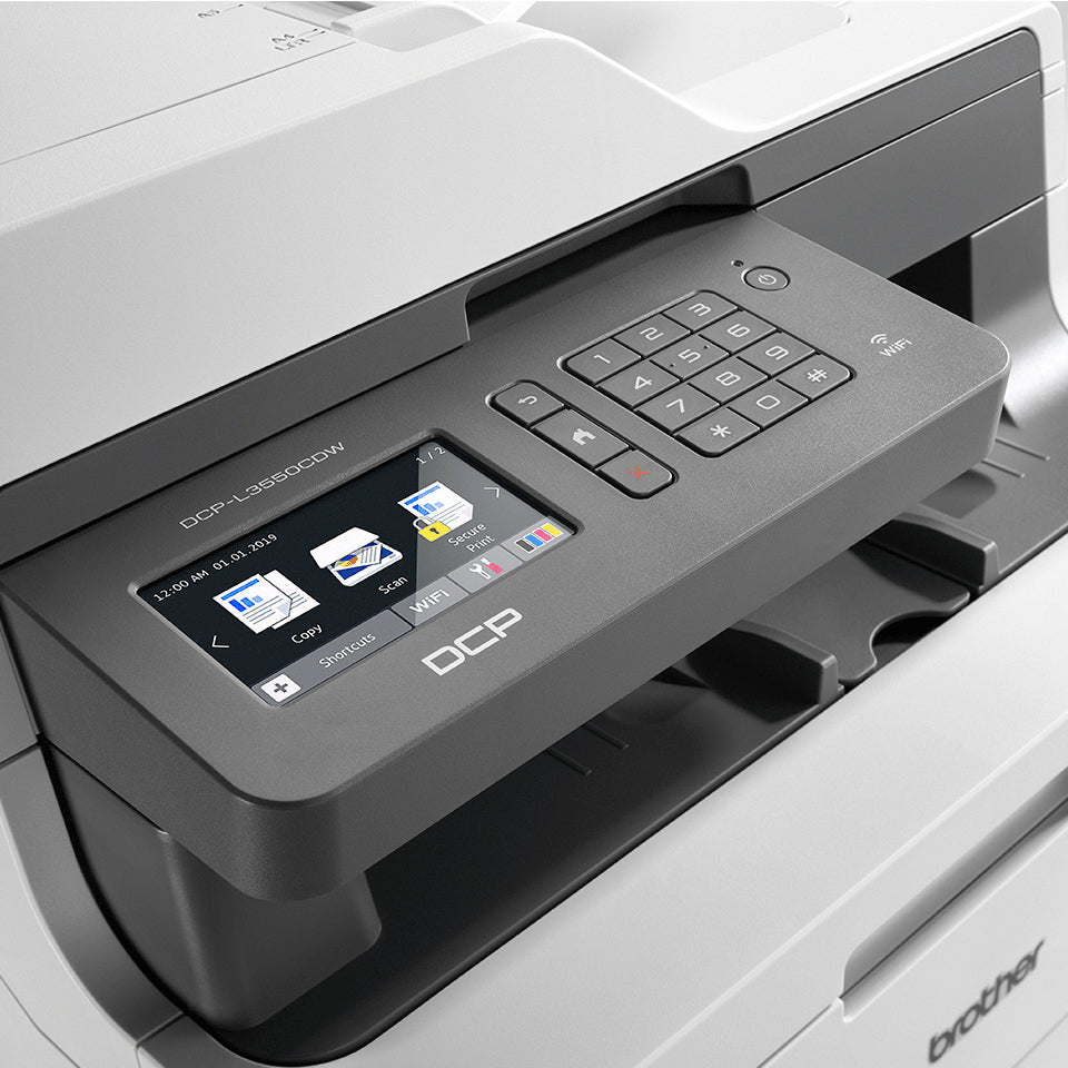 Dettaglio del pannello comandi touchscreen della Brother DCP-L3550CDW multifunzione laser ricondizionata, con funzioni copia, scansione e Wi-Fi. Dettaglio del pannello comandi touchscreen della Brother DCP-L3550CDW multifunzione laser ricondizionata, con funzioni copia, scansione e Wi-Fi.
